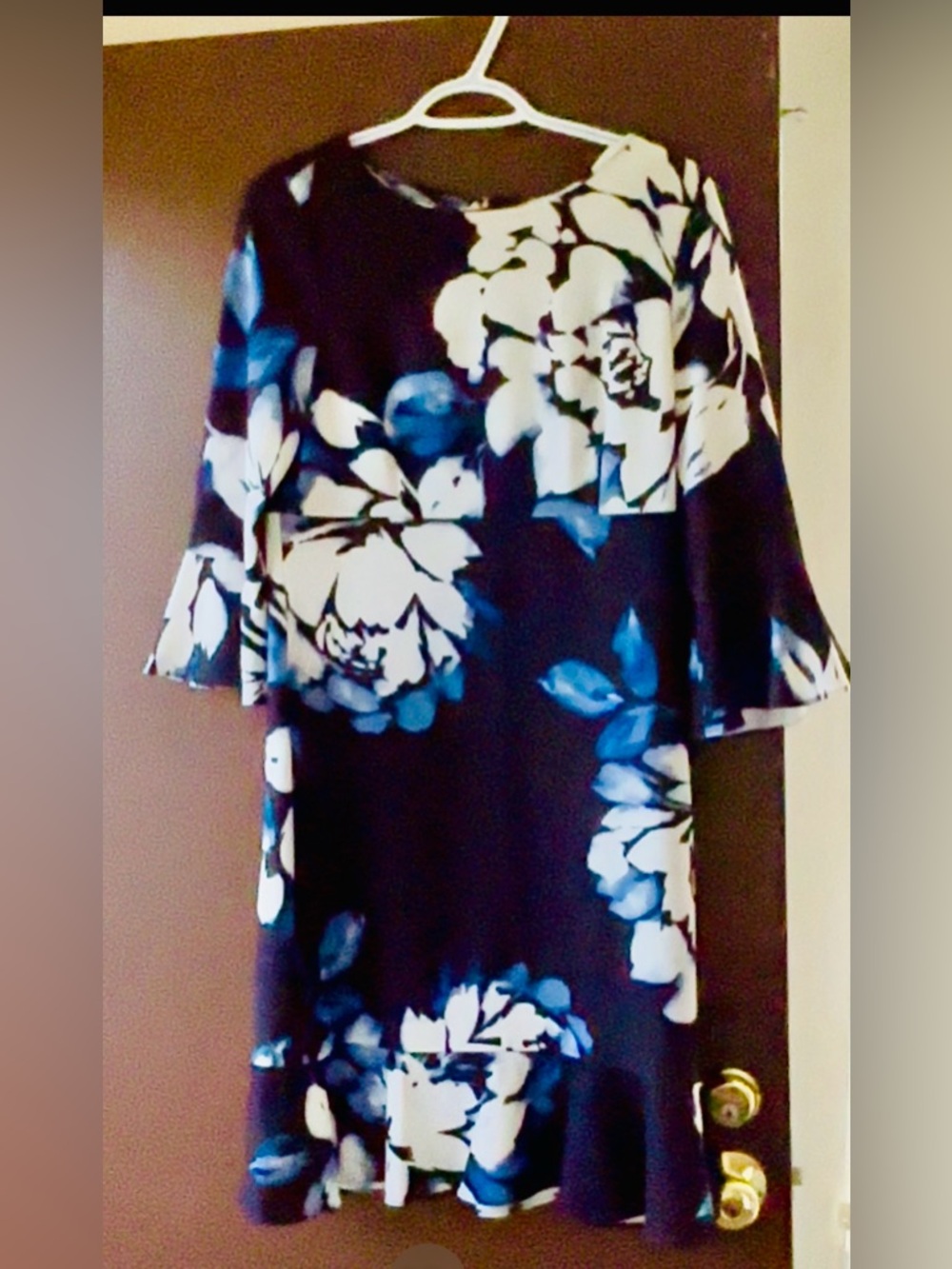 Donna Karan Floral Bell-Sleeve Shift Dress in Navy and White